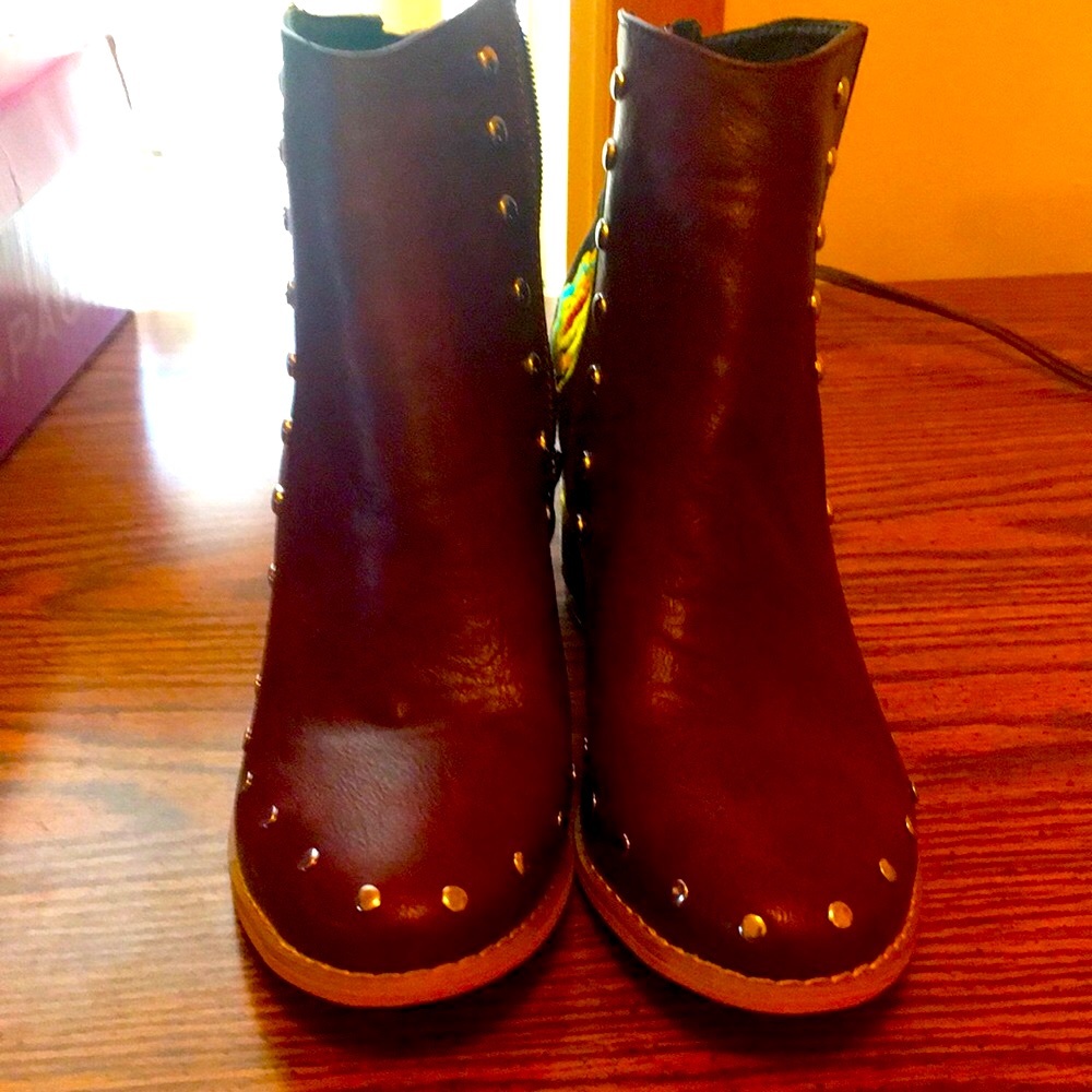 Studded leather and velvet Flowered ankle boots